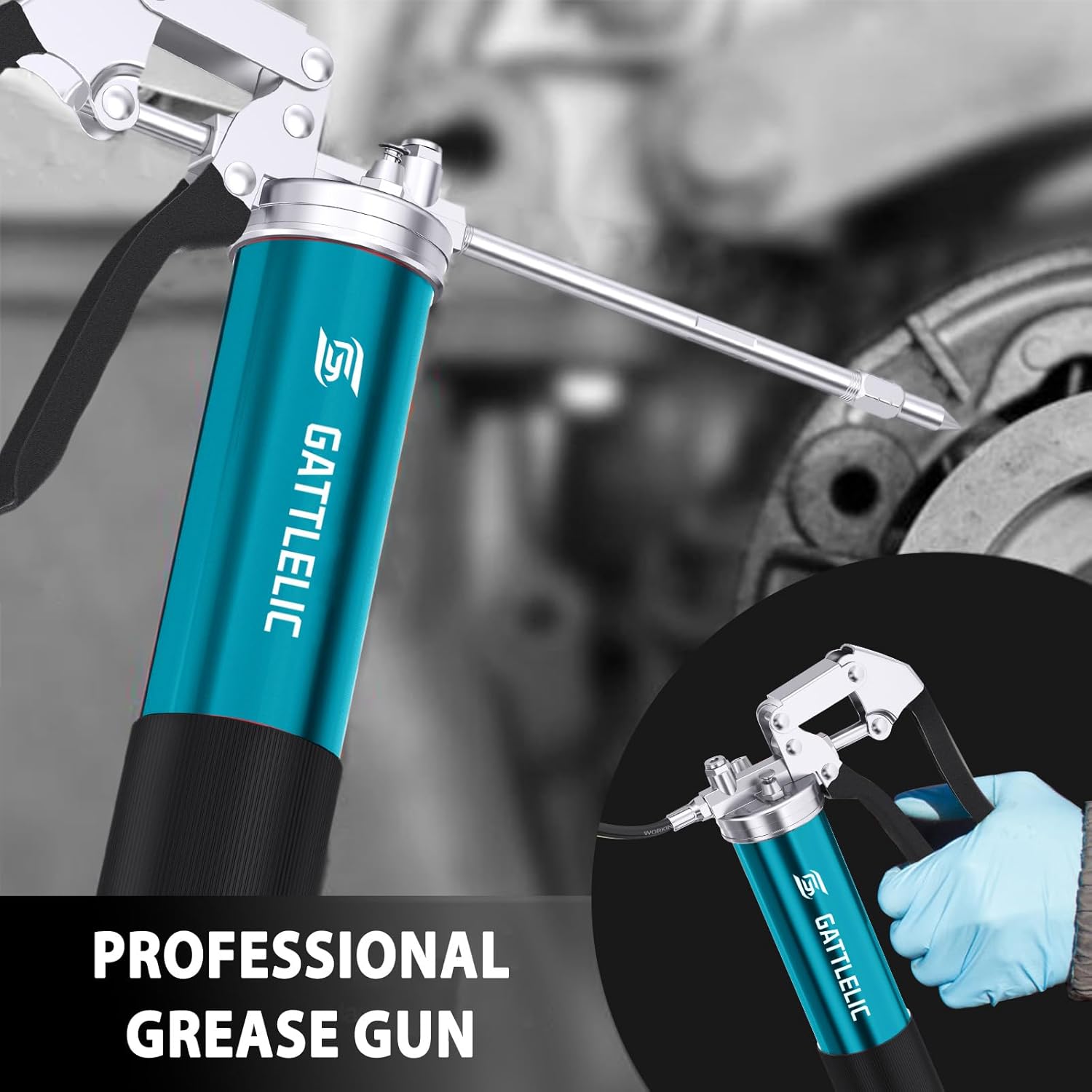 8000 PSI Heavy Duty Grease Gun Kit - 14oz with Flex Hose, Sharp Nozzle, Extension Pipe & Coupler, Blue