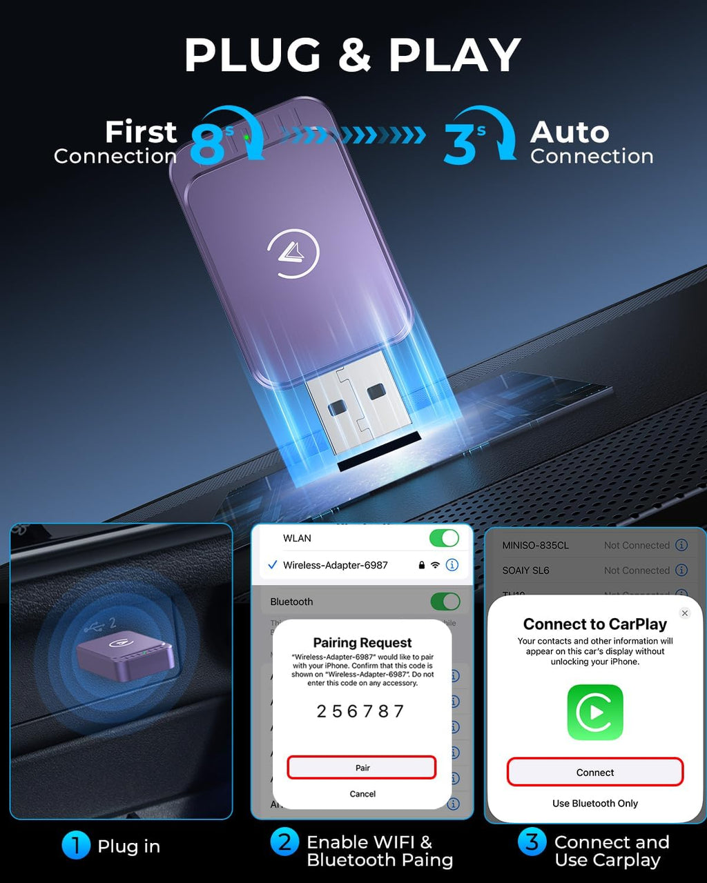 AuroraLink Wireless Carplay Adapter & Android Auto Wireless Adapter 2-in-1 Fast & Stable Carplay Wireless Adapter Convert Wired to Wireless Car Play Adapter for iOS 10+/Android 11+ (Dark Purple)