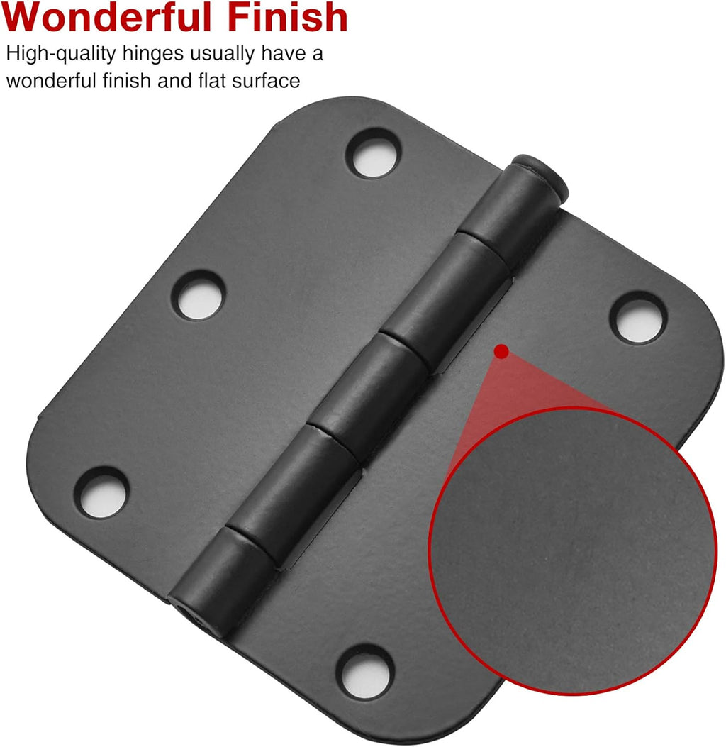 48 Pack Rounded Matte Black Door Hinges 3.5 Inch 5/8" Radius for Interior 3 1/2" Flat Iron Bifold Residential Standard Bedroom Indoor for Doors 3 ½"Hardware House Home Decor Essentials Accessories