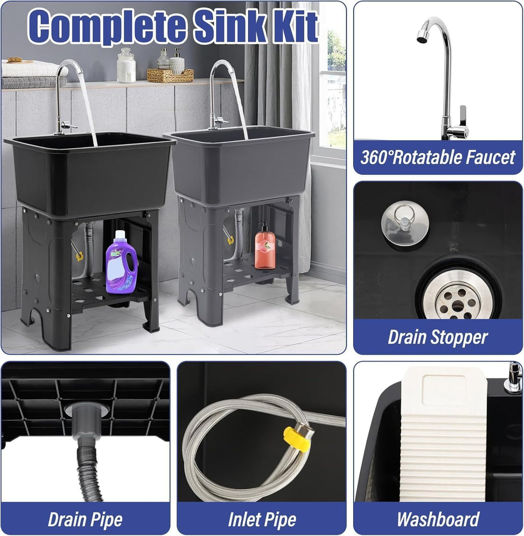 Free Standing Utility Sink with Washboard Laundry Tub Sink for Outdoor,Garage,Basement,Garden wuth Faucet,Drain,Storage Shelf (Gray, 23.6 * 15.8 * 30.1in)