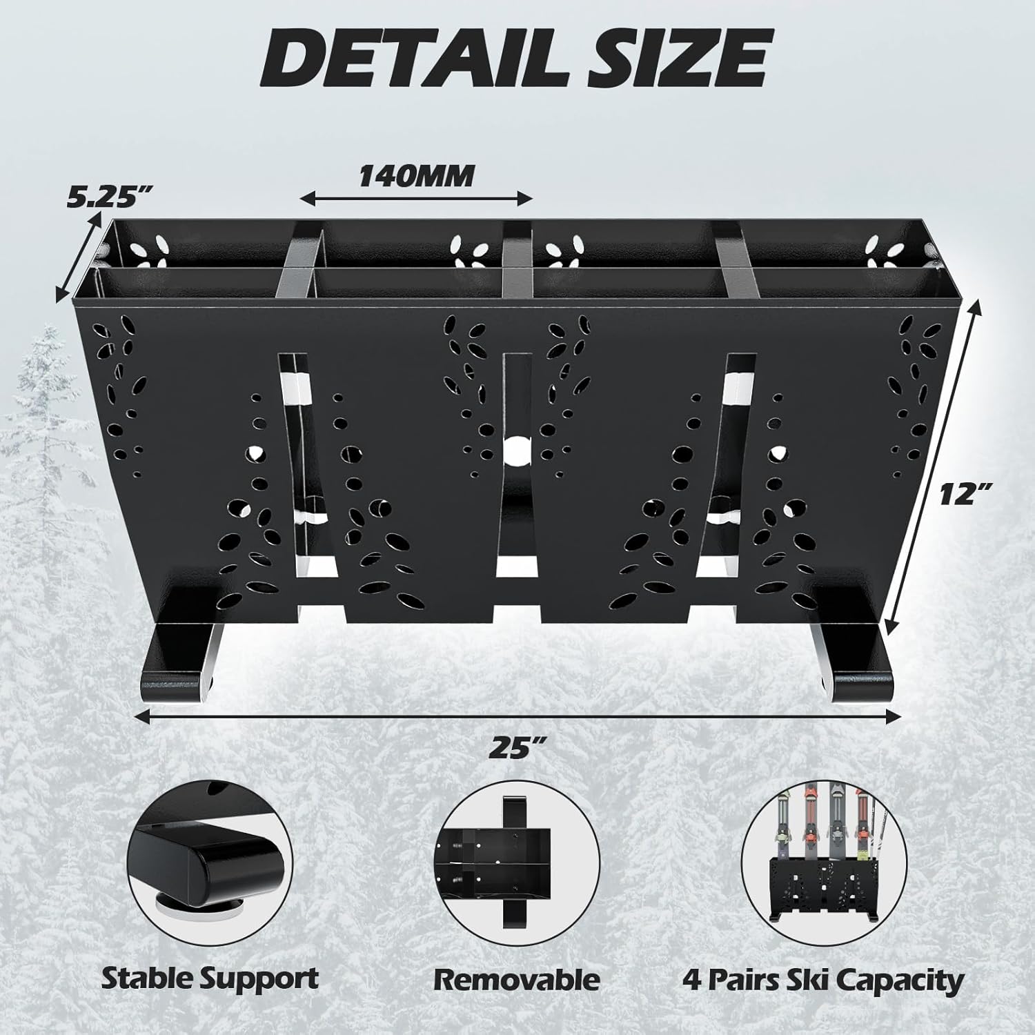 Heavy Duty Metal Ski Storage Rack, 4 Pair Freestanding Steel Ski Holder, Floor Stand Ski Organizer Rack, Snowboard Floor Stand Organizer for Garage and Home
