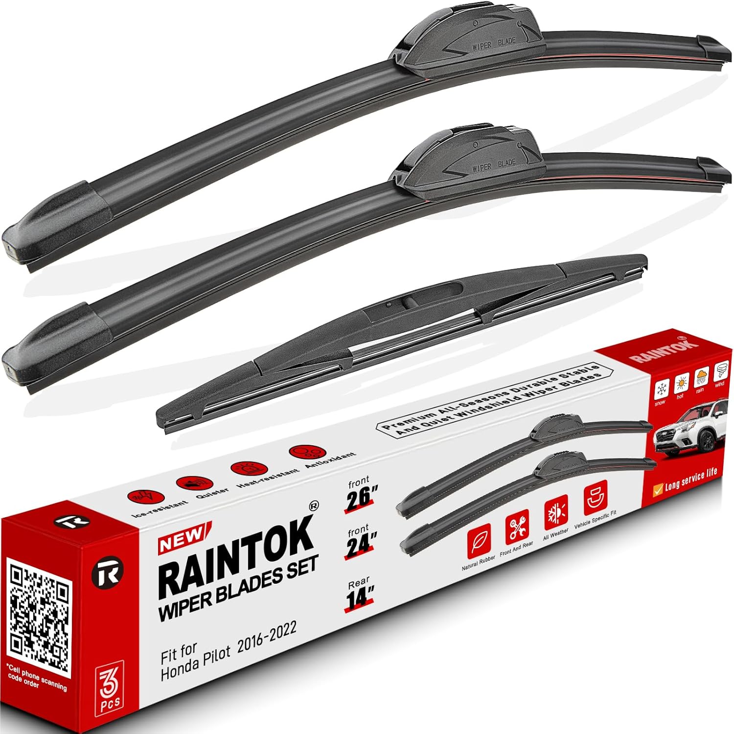 Windshield Wiper Blade Set Replacement for 2016-2022 Honda Pilot and Rear Windshield Wiper Blade-26"/24"/14" (Set of 3) U/J HOOK