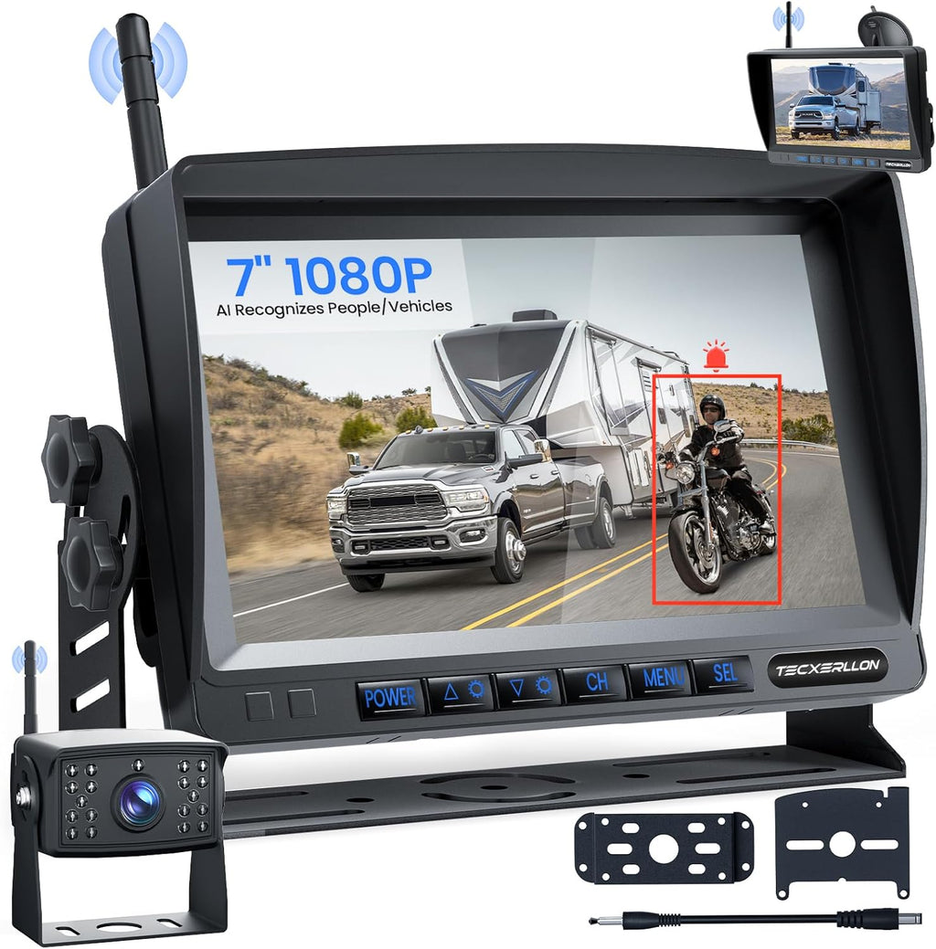 RV Backup Camera, Vehicle Backup Camera with AI Detection, 1080P Backup Cameras, 7'' Waterproof Wireless Backup Camera with DVR Recording & Night Vision for Car, Van, SUV, Truck, Trailer