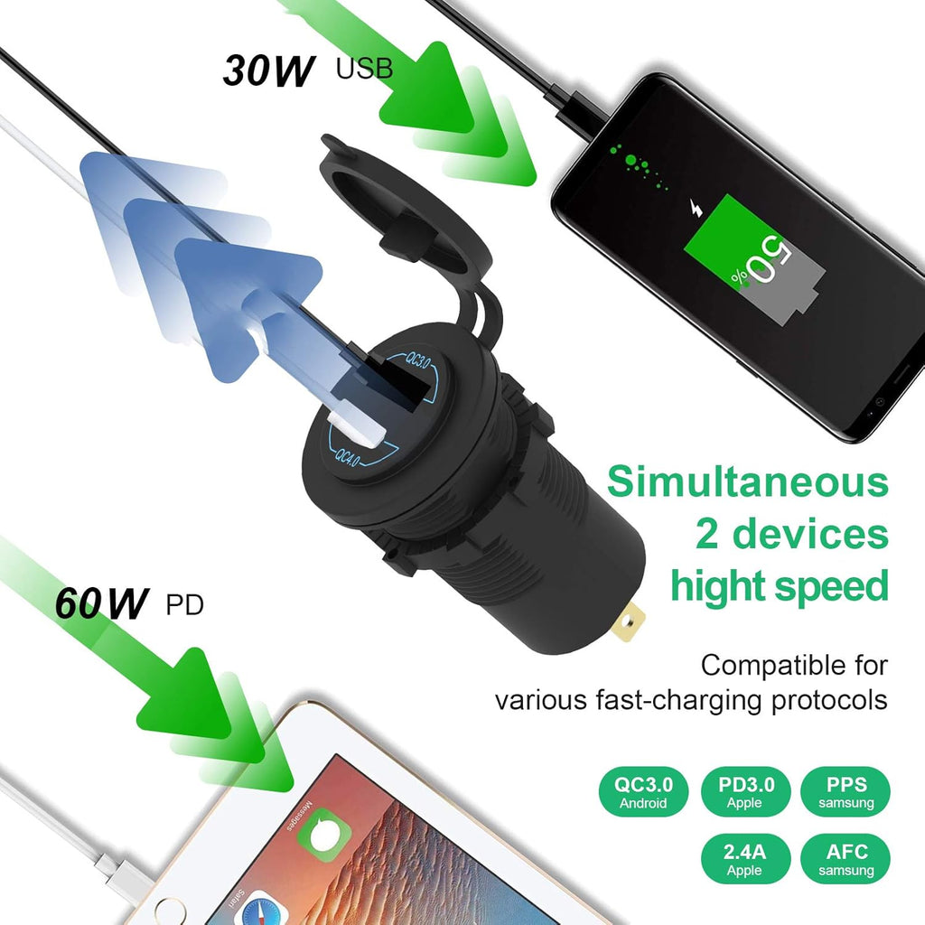 12V USB Outlet - 90W(Max) Dual Ports QC4.0 PD & Quick Charge3.0 Car Charger Socket with LED Indicator - Waterproof USB C Port for Car Boat Marine Motorcycle RV Truck ATV Golf Cart