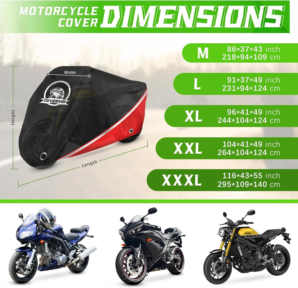 COVERVIN Motorcycle Cover, All Weather Outdoor Waterproof Night Protection with Reflective Strips, Locking Holes and Storage Bag for 96 Inch Suzuki, Kawasaki, Honda, Harley-Davidson(Red XL)
