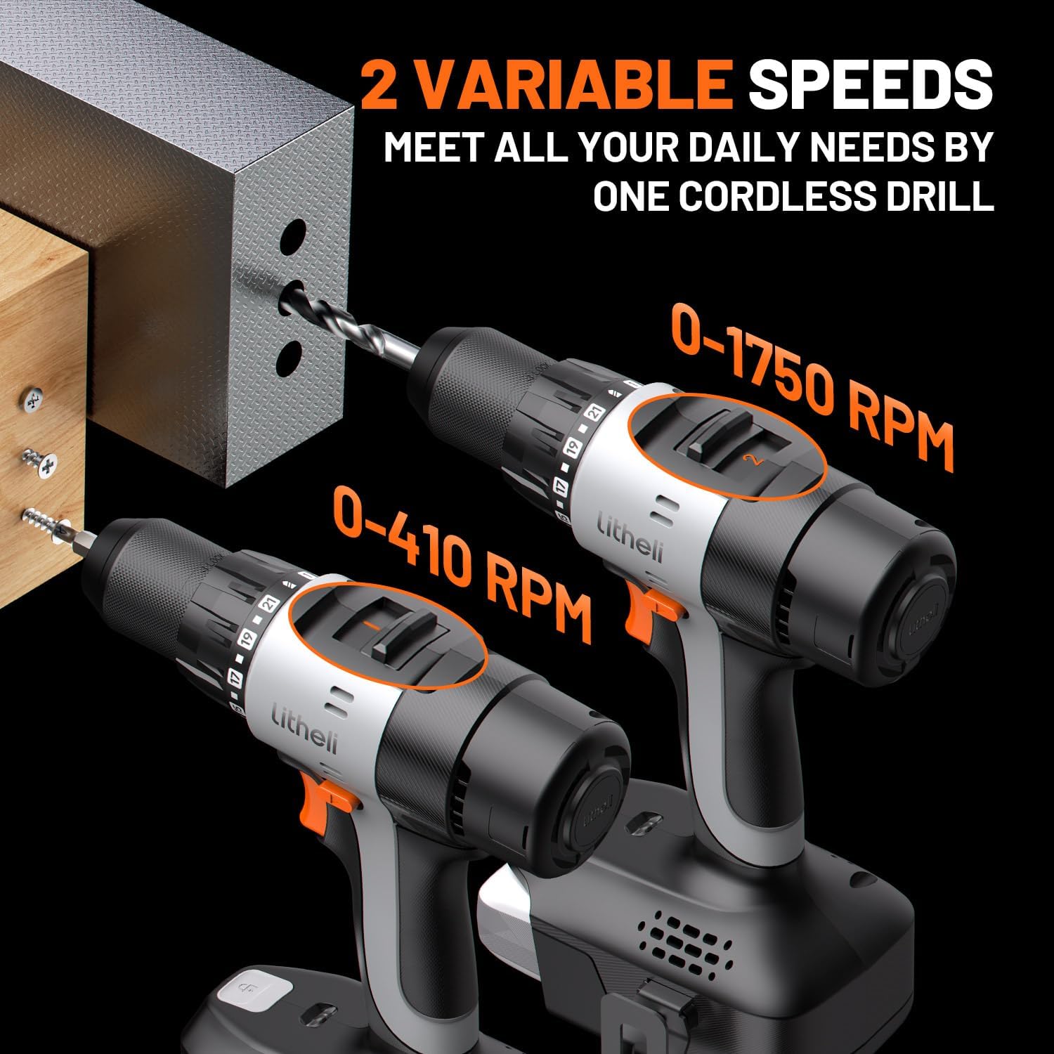 Litheli 20V Cordless Drill Driver Set, Electric Power Drill with 2 Variable Speed Settings, 1/2 Inch Keyless Chuck, 21+1 Clutch Settings with Maximum Torque of 443 In-lbs (Charger not Included)