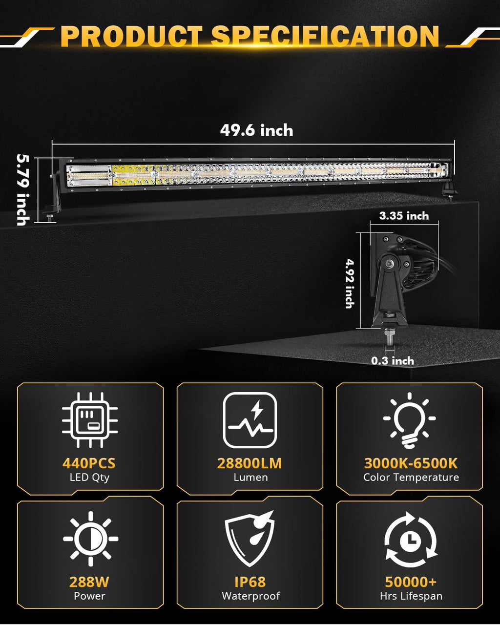 Auxbeam 50 Inch Curved LED Light Bar, 288W 6 Modes Amber White Strobe Fog Lights, Yellow Spot Flood Memory Reset Function Offroad Driving Work Ditch Light for Truck Car ATV
