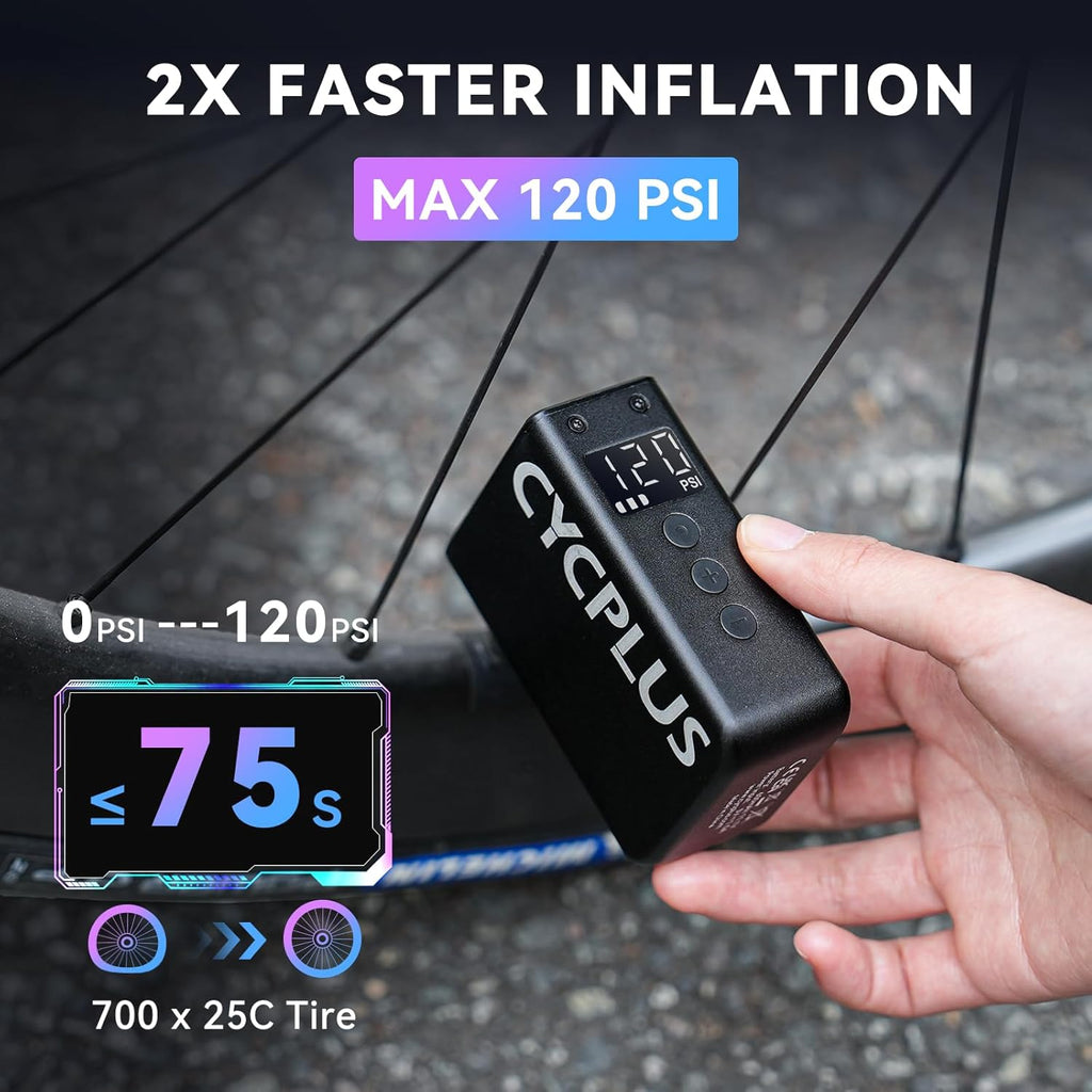 CYCPLUS Tiny Pump Mini with Gauge, Max 120 PSI Cordless Bicycle Air Pump, Auto Stop, with Presta and Schrader Valve for Car, Motorcycle, Bike and Ball AS2 Pro Max(2025 Updated Version)