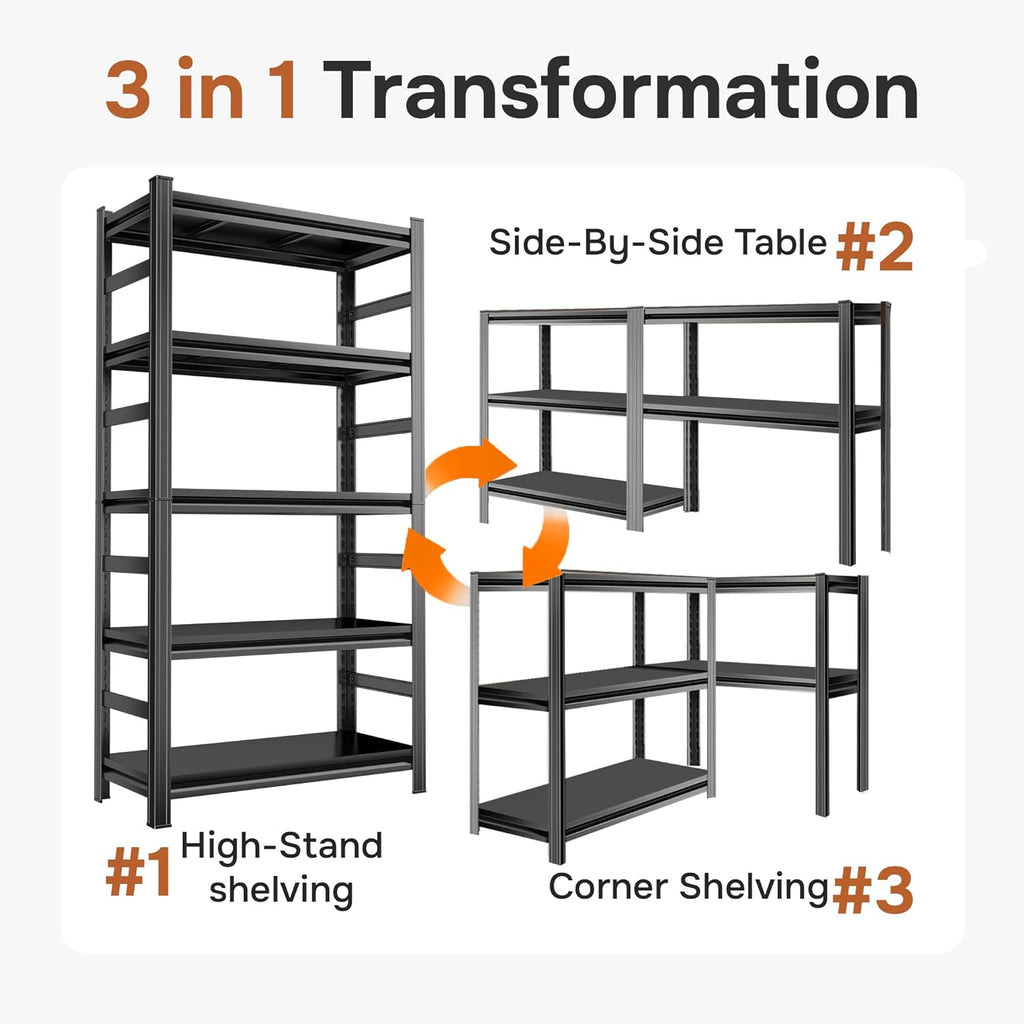 40" W Metal Garage Shelving Unit 3500LBS Metal Storage Shelves 5 Tier Adjustable Shelving Unit Garage Shelves for Kitchen Warehouse Pantry Basement, 71.2" H x 40" W x 17.7" D, Black