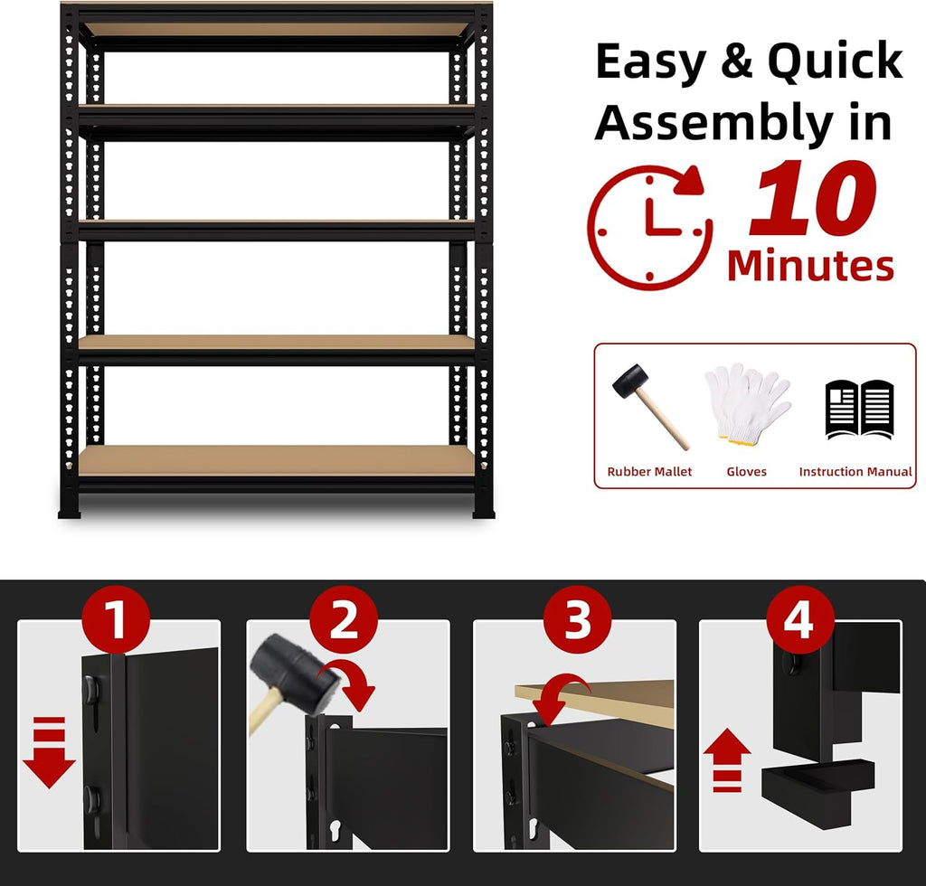 5-Shelf Heavy Duty Shelving - Adjustable Garage Storage Shelves, Metal Utility Storage Racks for Warehouse Pantry Basement Kitchen, Garage Organizers Shef Unit, Black, Packs of 2