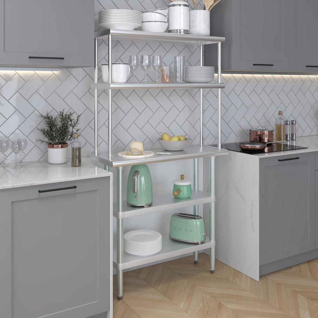 Amgood Stainless Steel Work Table with 2 Shelves | Metal Kitchen Prep Table & Shelving Combo (14" x 36" Table with 2 Shelves + 12" Overshelf)