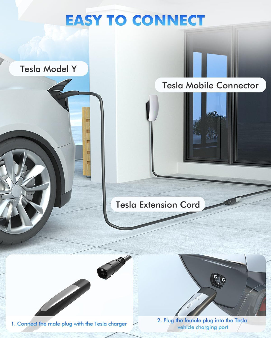 EV Charger Extension Cable for Tesla, 50Amp 40ft Up to 240V 12kW, NACS Plug EV Extension Cord for Tesla Wall Connector/Destination Charger, Compatible with Model Y/X/3/S (Not Fit Tesla Mobile Charger)