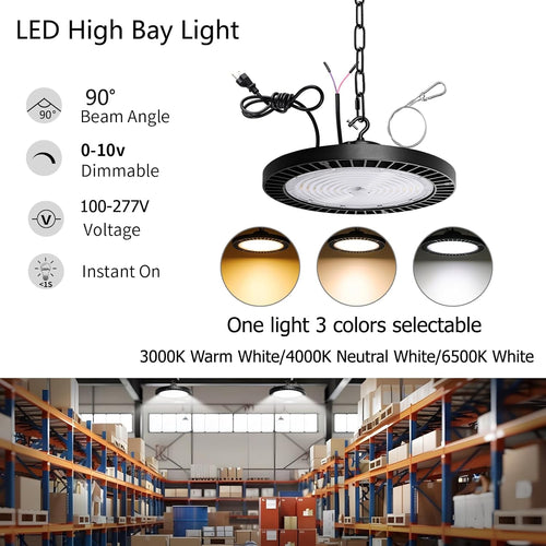 0-10V Dimmable UFO LED High Bay Light,3 CCT Selectable LED Shop Lights with US Plug,240W Power Tunable Garage Light,Waterproof Commercial Bay Lighting for Warehouse Workshop Barn,Pack of 1