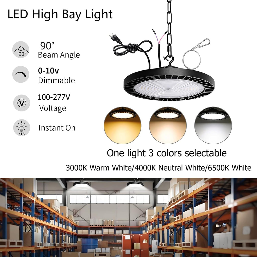 UFO High Bay Light,150W LED Shop Lights,3000K 4000K 6500K LED Garage Light with US Plug Cord, 0-10V Dimmable,Commercial Bay Lighting for Gym Factory Warehouse Barn