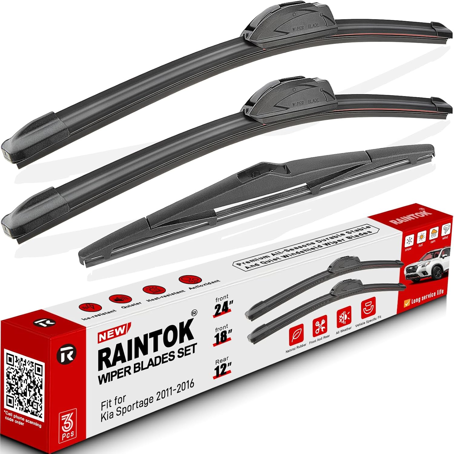 Windshield Wiper Blades Replacement for Kia Sportage 2011 2012 2013 2014 2015 2016 Original Factory Quality Front Rear Wipers Blade Set for My Car - 24" 18" 12" (Pack of 3)