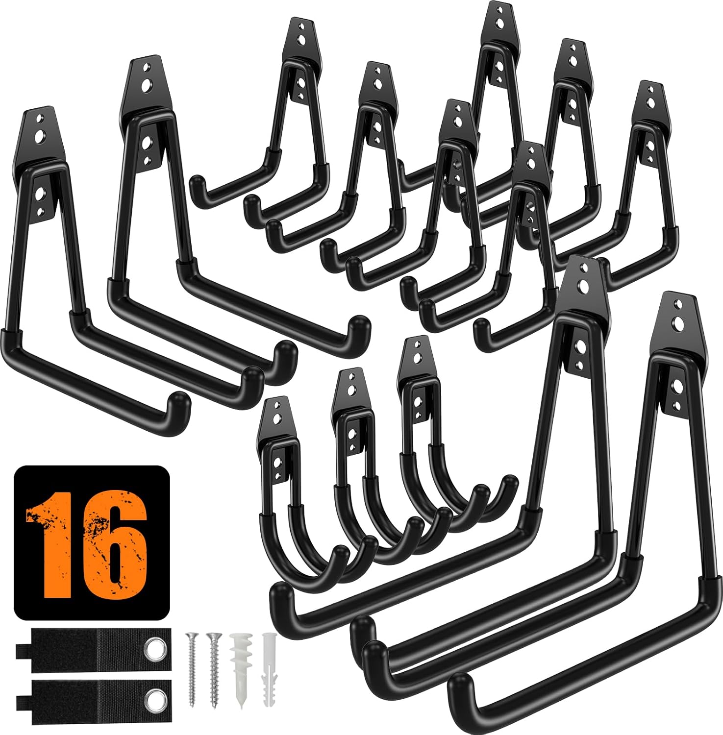 QcoQce 16 Pack Heavy Duty Garage Hooks with Extension Cord Straps, Wall Mount Hooks, Garage Organization and Tool Hangers for Bike, Ladder, Ropes and Garden Tools