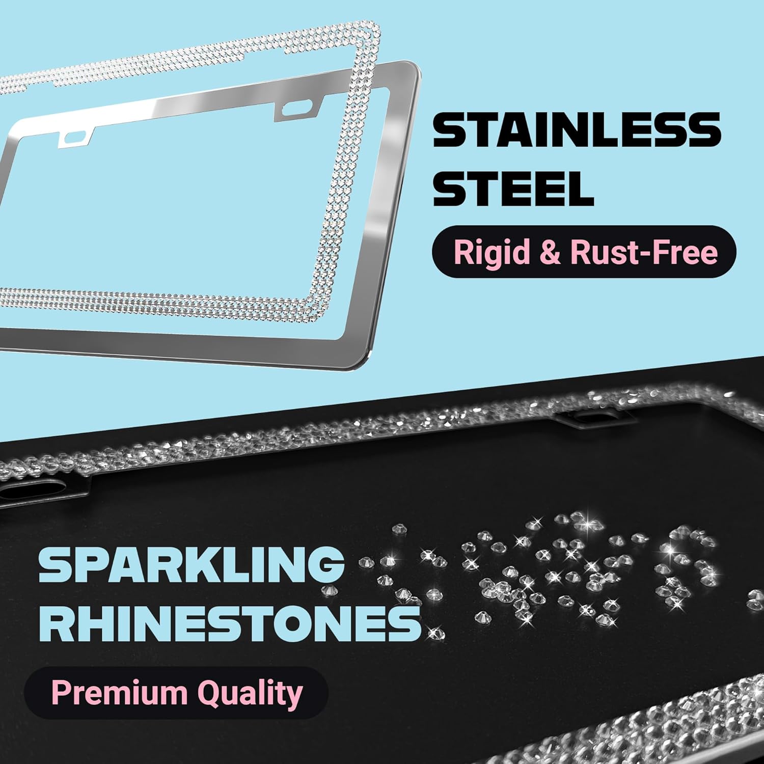 Dazzling Bling License Plate Frame for Women - 1 Pack, 800 Premium Rhinestones, Rust-Free Stainless Steel, Street Legal Slim Design, Sparkly Diamond Car Tag Holder with Glitter Crystal Screw Covers