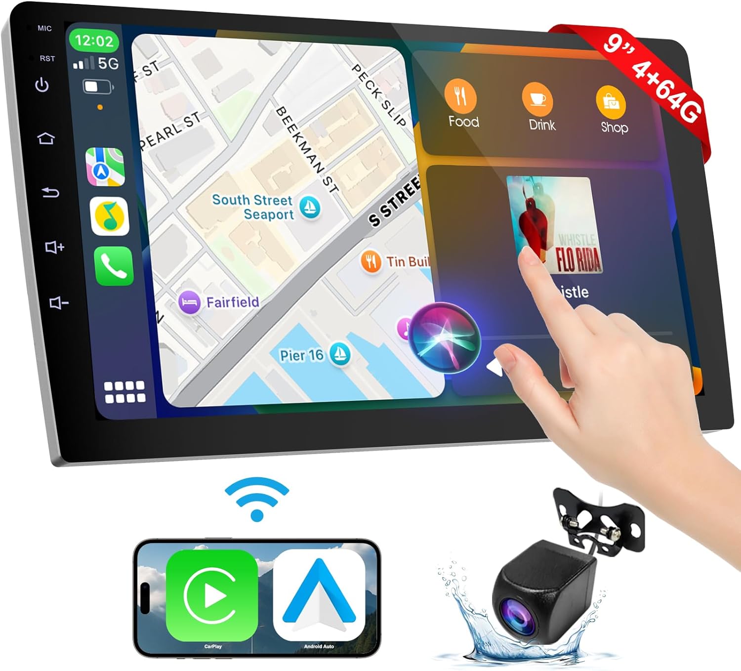 Wireless Double Din Car Stereo with Apple CarPlay/Android Auto,Carplay Screen for Car,Voice Control with Backup Camera,Bluetooth,Navigation, Mirror Link (9 Inch)