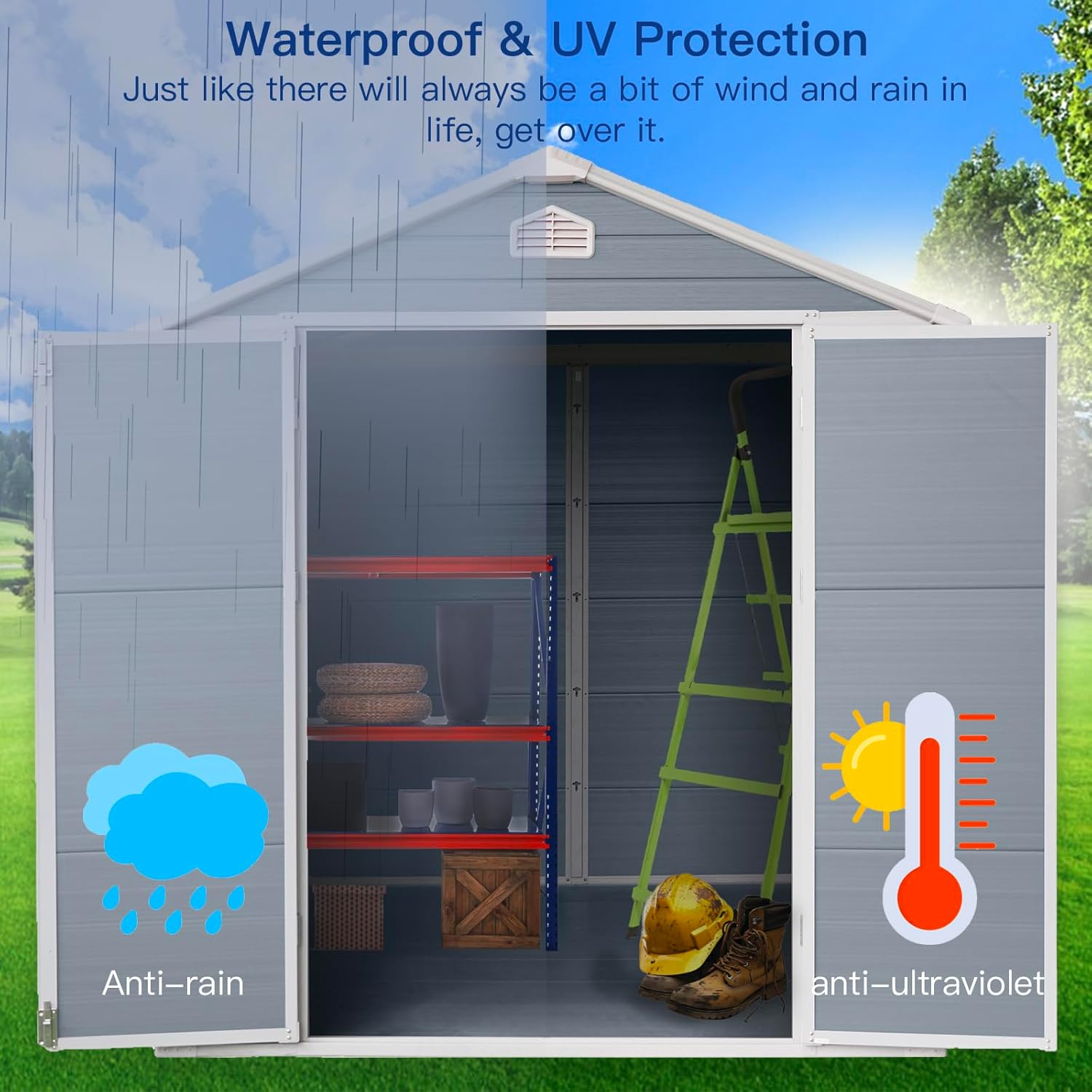 6x8 FT Outdoor Storage Shed, Resin Garden Shed with Thick Floor, Plastic Storage Shed with Window, Waterproof Outside Tool Shed with Lockable Hinged Doors for Backyard, Patio, Lawn, Light Gray