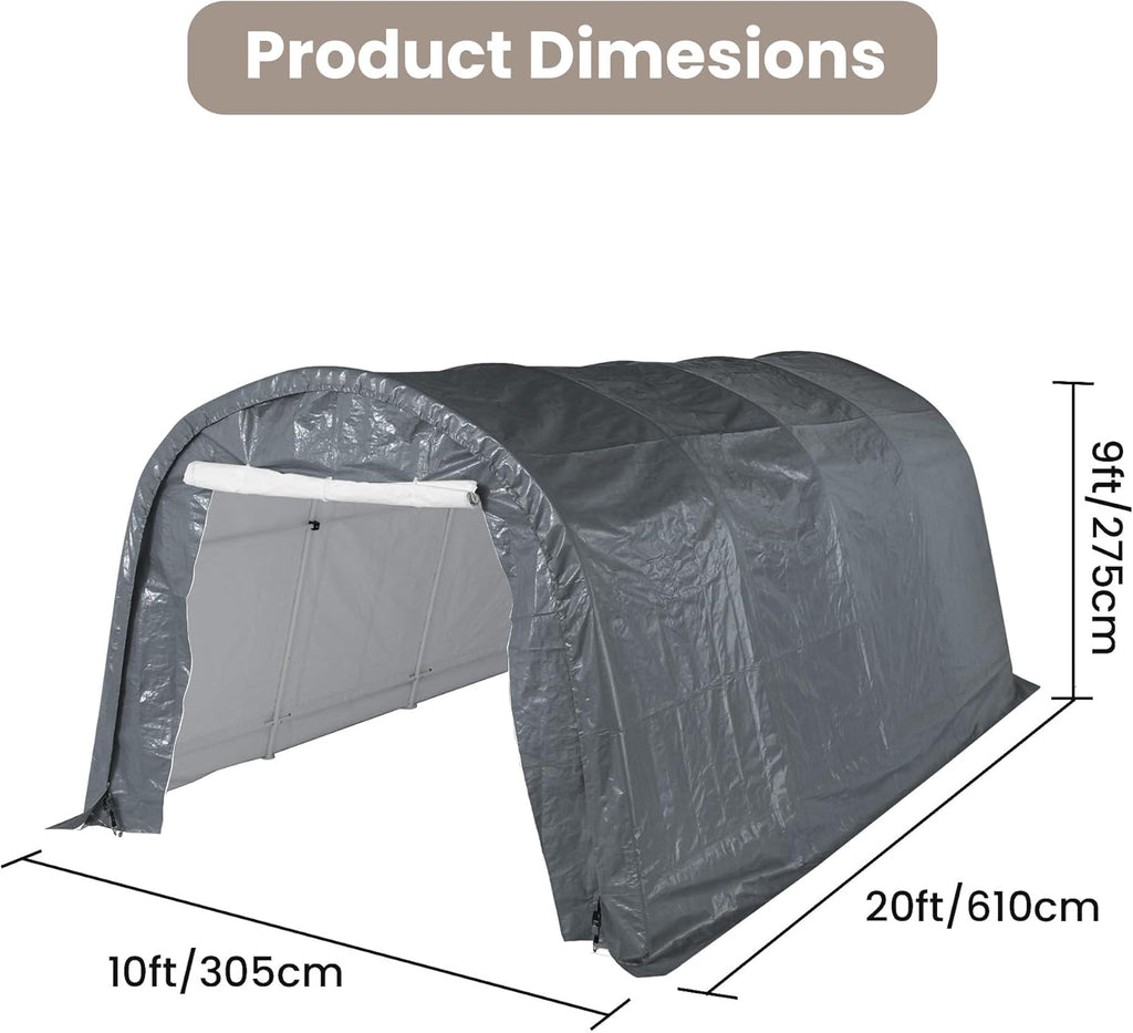 SUNBURY Carport, 10x20 FT Heavy Duty Canopy, Portable Garage with All-Steel Metal Frame & Double Zipper Doors, Round Style Outdoor Storage Shed for Car, Truck, Boat, Patio Furniture, Grey