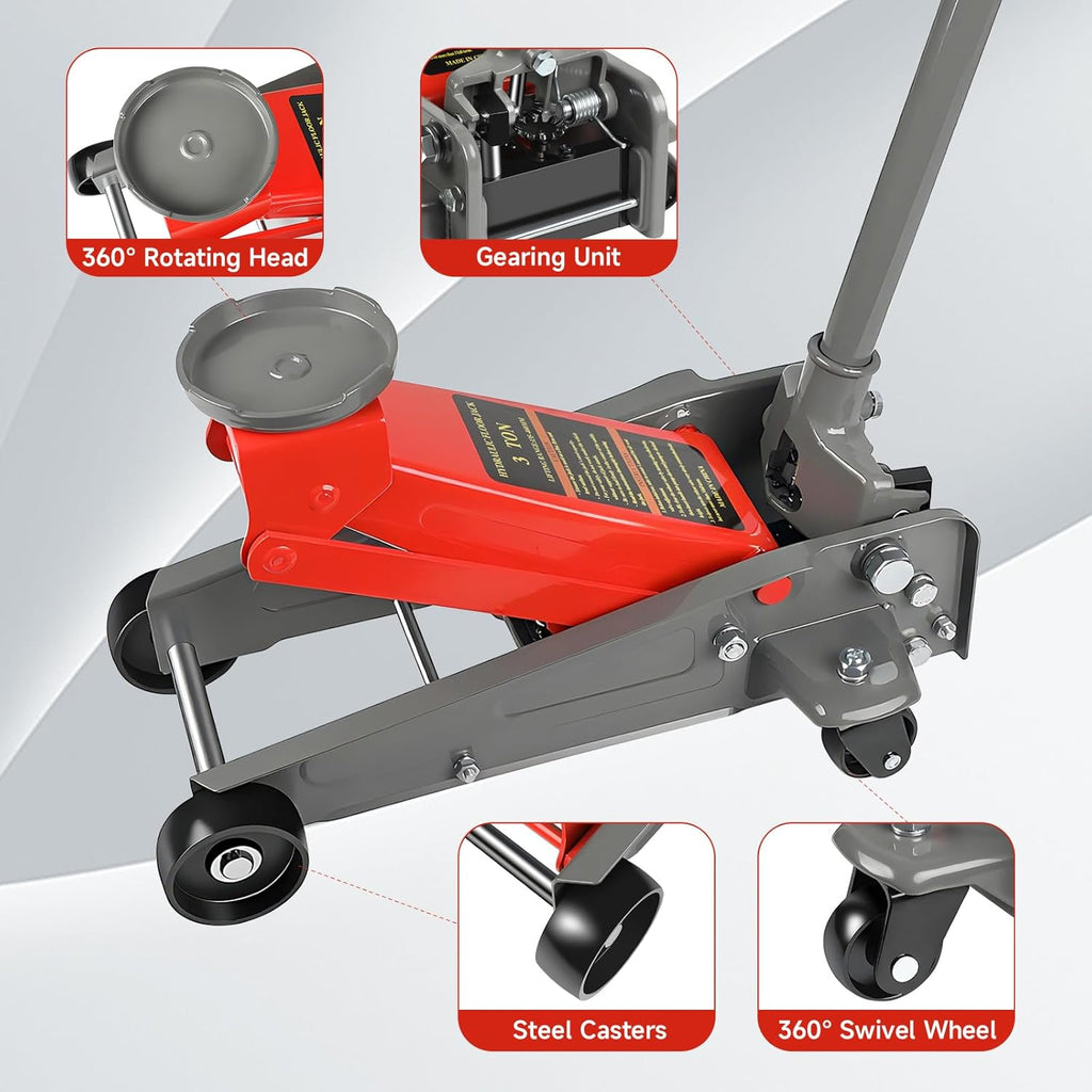 3 Ton Floor Jack,6600 LBS Heavy Duty Hydraulic Floor Jack,Lift Range:5.31'' -18.11'', Carbon Steel with Wheels for Cars,Suitable for Home,Garage and Repair Shops,Red