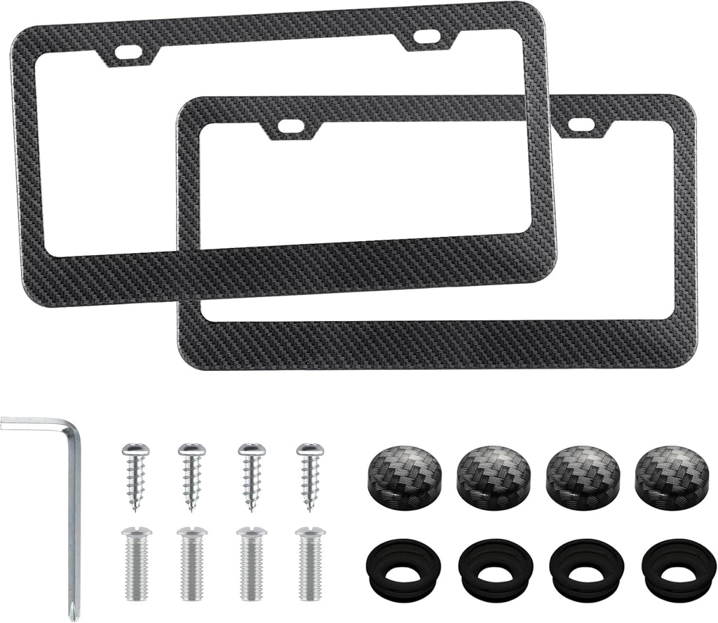 LivTee Carbon Fiber License Plate Frames, 2 Holes Stainless Steel License Plate Covers, 2PCS Car License Plate Holder, Automotive Exterior Accessories, Slim Design with Gasket Cover for US Cars
