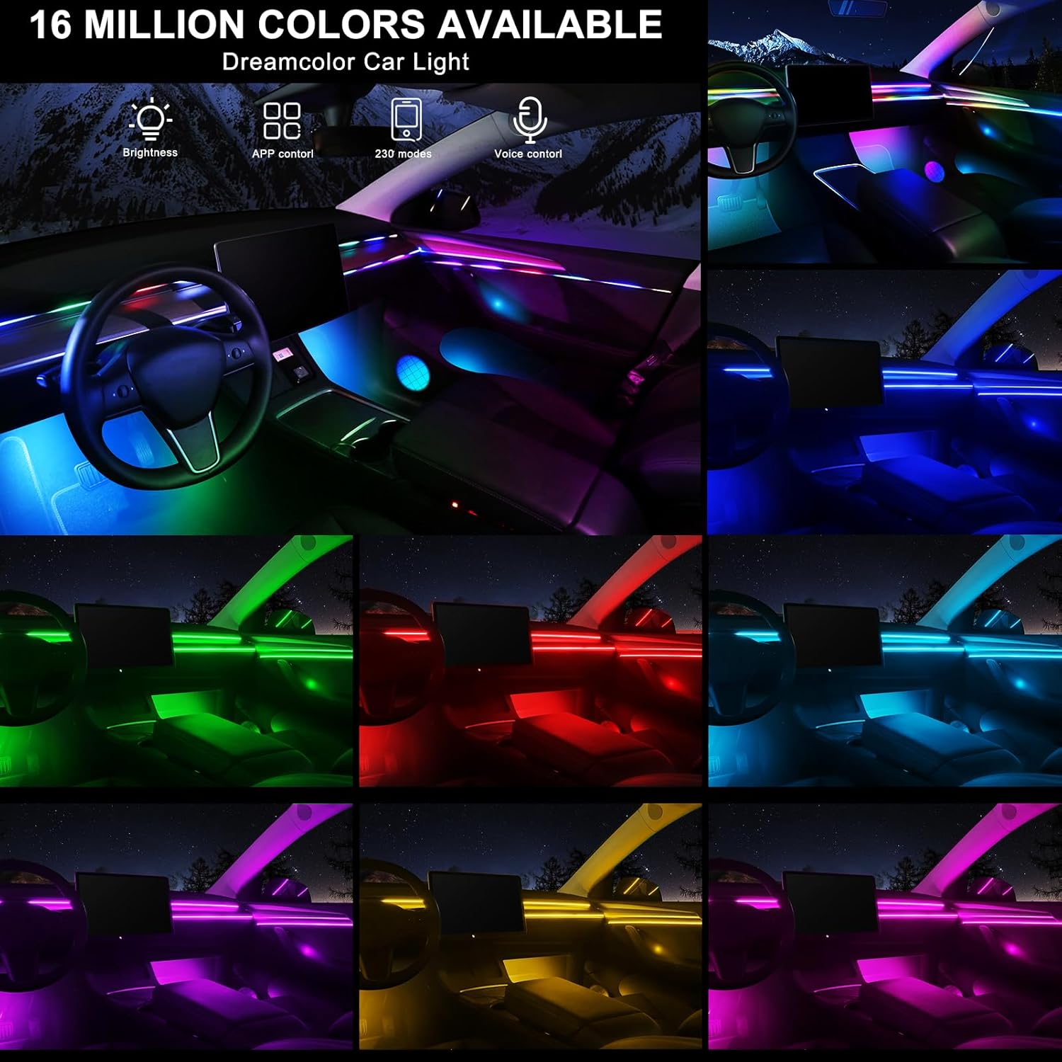 Dream+Color Acrylic Interior Car LED Strip Light with APP, RGB 22 in 1 with 175 inches 600 LEDs Fiber Optic Ambient Lighting Kits, Dynamic Chasing Music Sync Neon LED Strip for Car Accessories