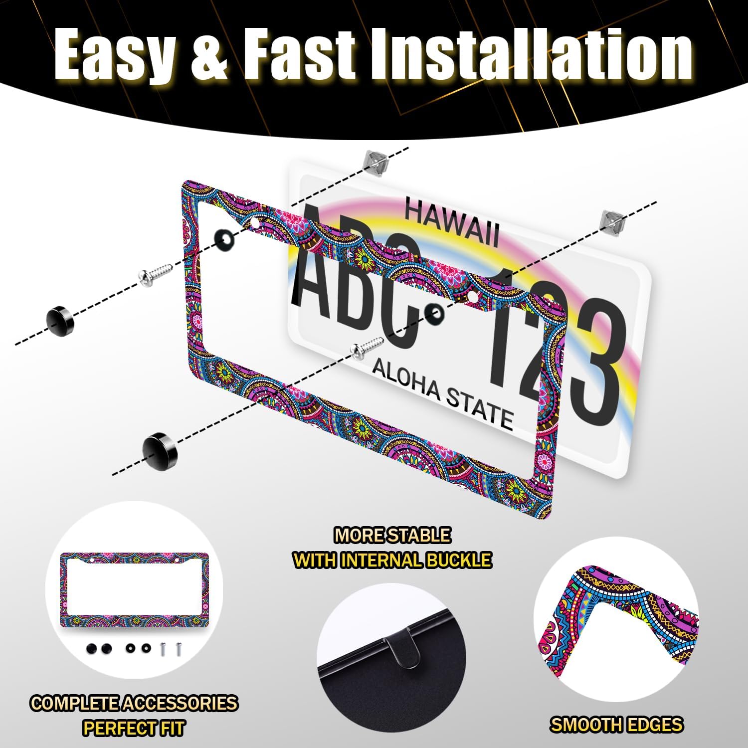 Purple Mandala License Plate Frame Hippie Boho License Plate Holder Stainless Steel Front and Rear Car Tags Auto Parts Funny License Plate Decoration with Screws for Men Women s 12.2"x 6.2"