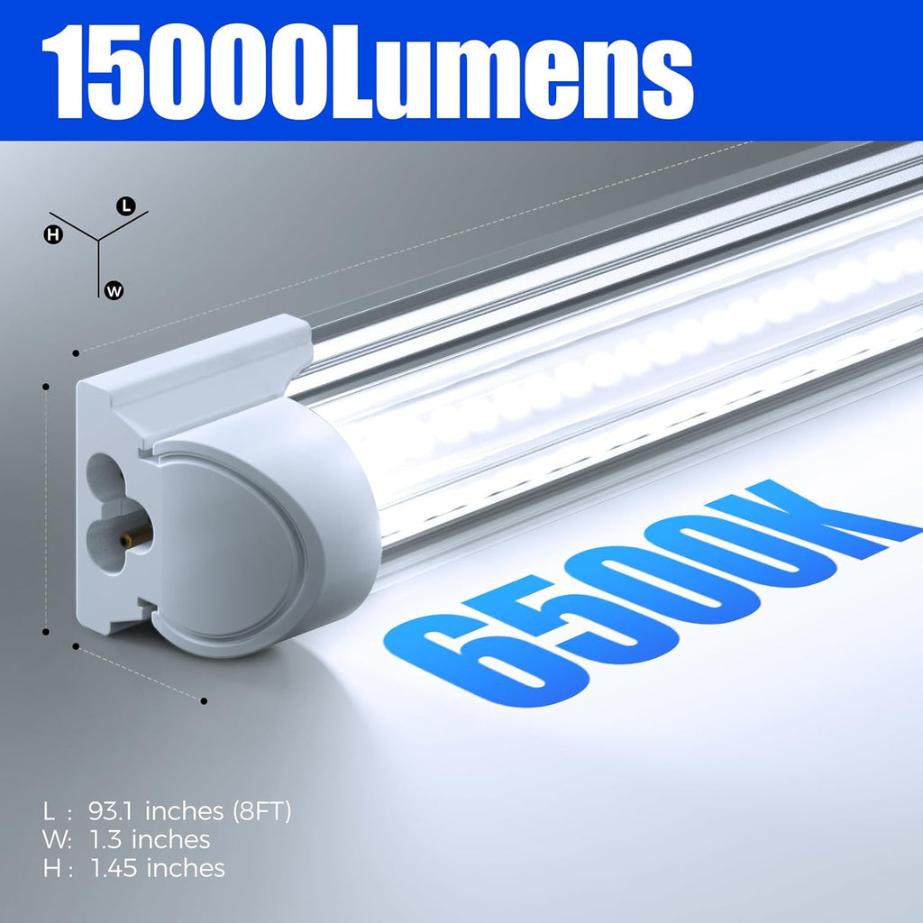 Barrina 8FT LED Shop Light Fixtures 100W, 15000LM 6500K Super Bright White, Linkable, with Clear Cover, V Shape LED Tube Lights, T8 LED Ceiling Lights for Garage, Workshop, ETL Listed, 4 Pack