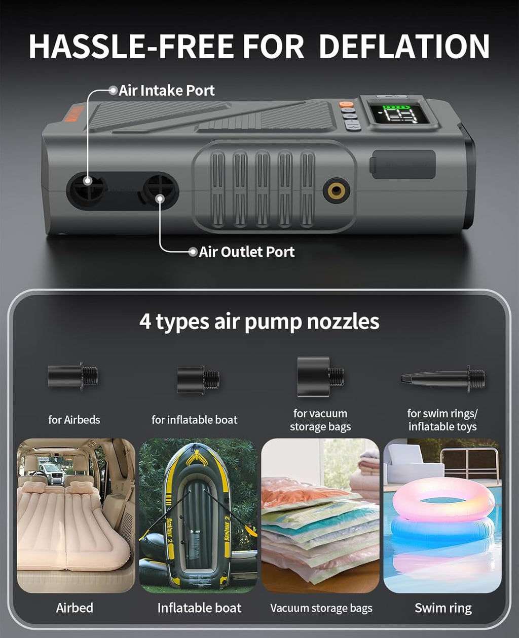 Car Jump Starter with Air Compressor 9000A, 9 in 1 Jumper Box for Car Portable 12V Jump Pack(All Gas/16L Diesel) Combo 150 PSI Tire Inflator & Air Inflator/Deflator Pump w/Extended Jump Cable