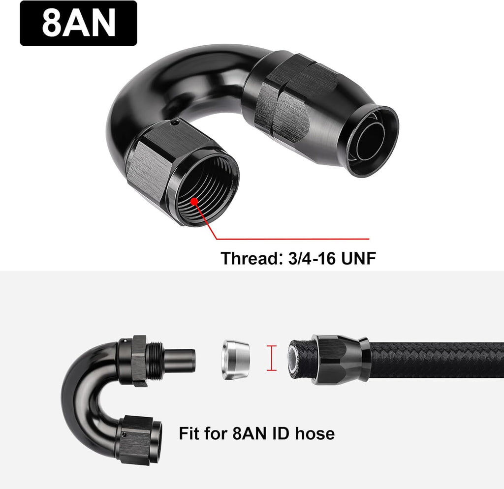 EVIL ENERGY 8AN 180 Degree PTFE One Piece Full Flow End Hose Fitting Aluminum Black