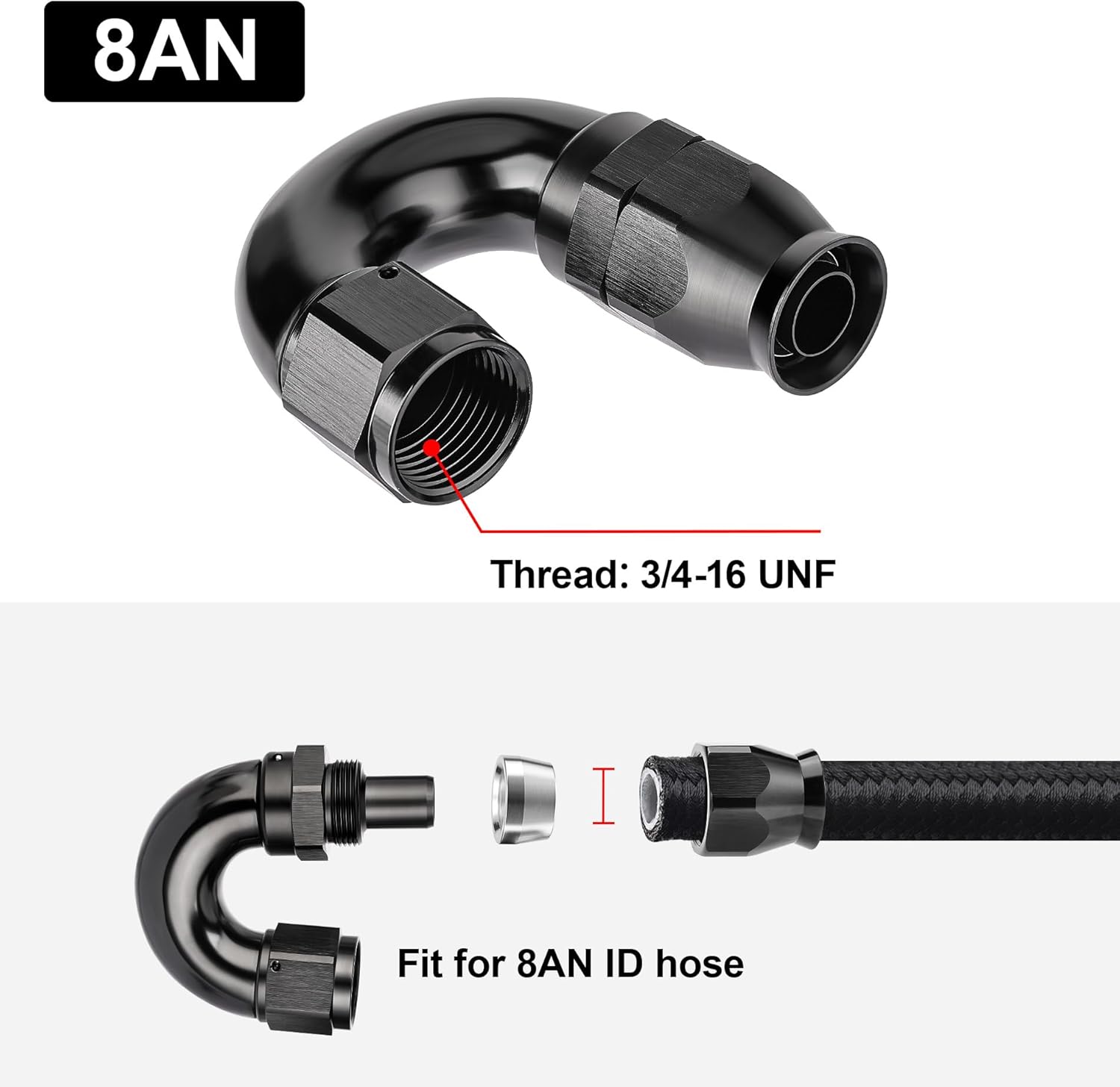 EVIL ENERGY 8AN 180 Degree PTFE One Piece Full Flow End Hose Fitting Aluminum Black