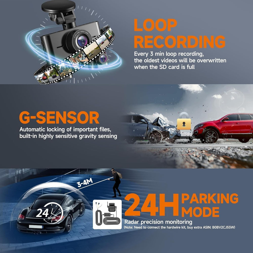 360° Dash Cam Front and Rear Inside, 4 Channel Dash Camera for Cars FHD 1080Px4, Built-in Wi-Fi, 3.16” IPS Screen, WDR Night Vision, Voice Control, Included 64GB Card, 24H Parking Mode