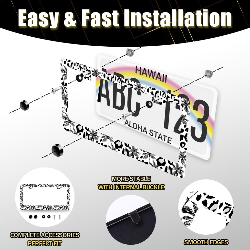 Leopard License Plate Frame Abstract Tropical Palm Trees License Plate Stainless Steel Colorful Car Accessory Funny License Plate Decoration Men Women Size 12.2" x 6.2" with Screws