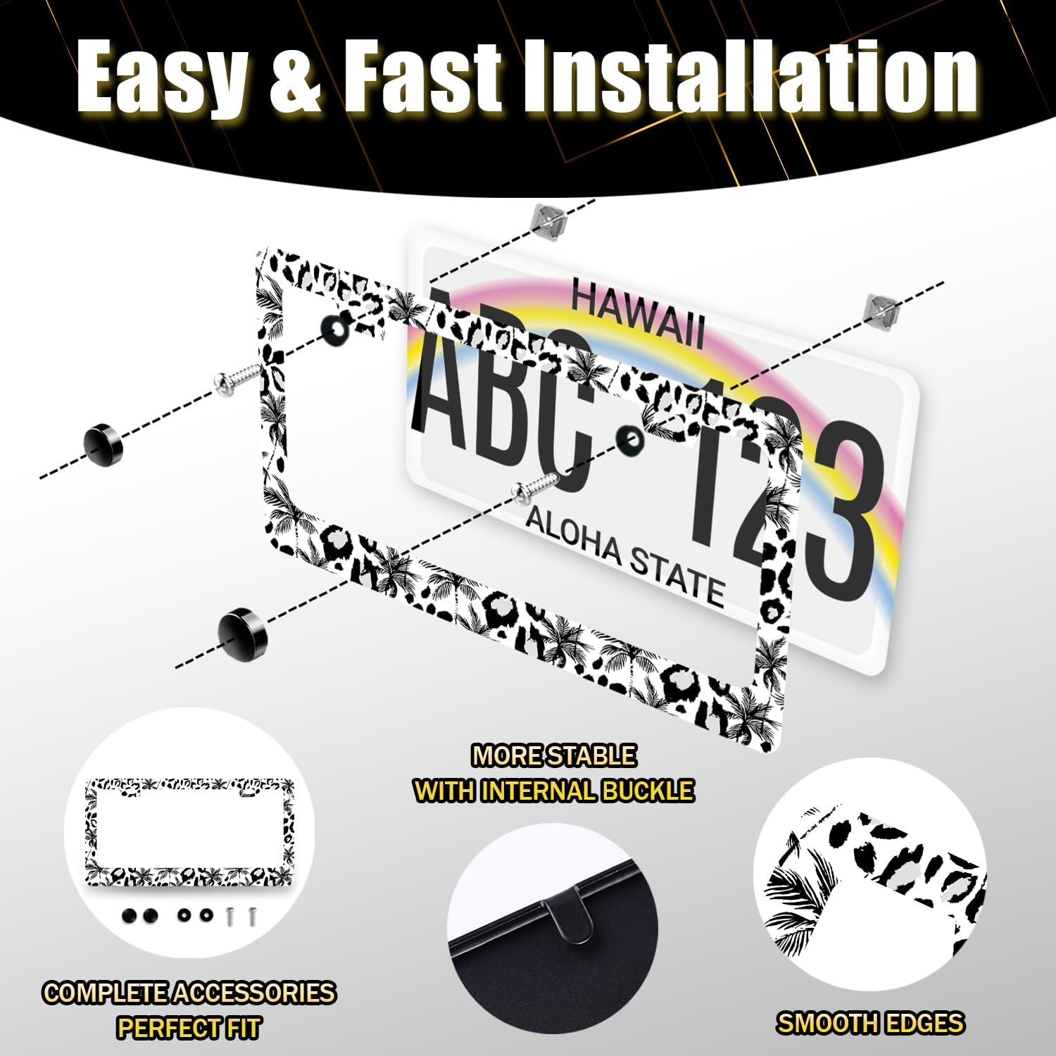 Leopard License Plate Frame Abstract Tropical Palm Trees License Plate Stainless Steel Colorful Car Accessory Funny License Plate Decoration Men Women Size 12.2" x 6.2" with Screws