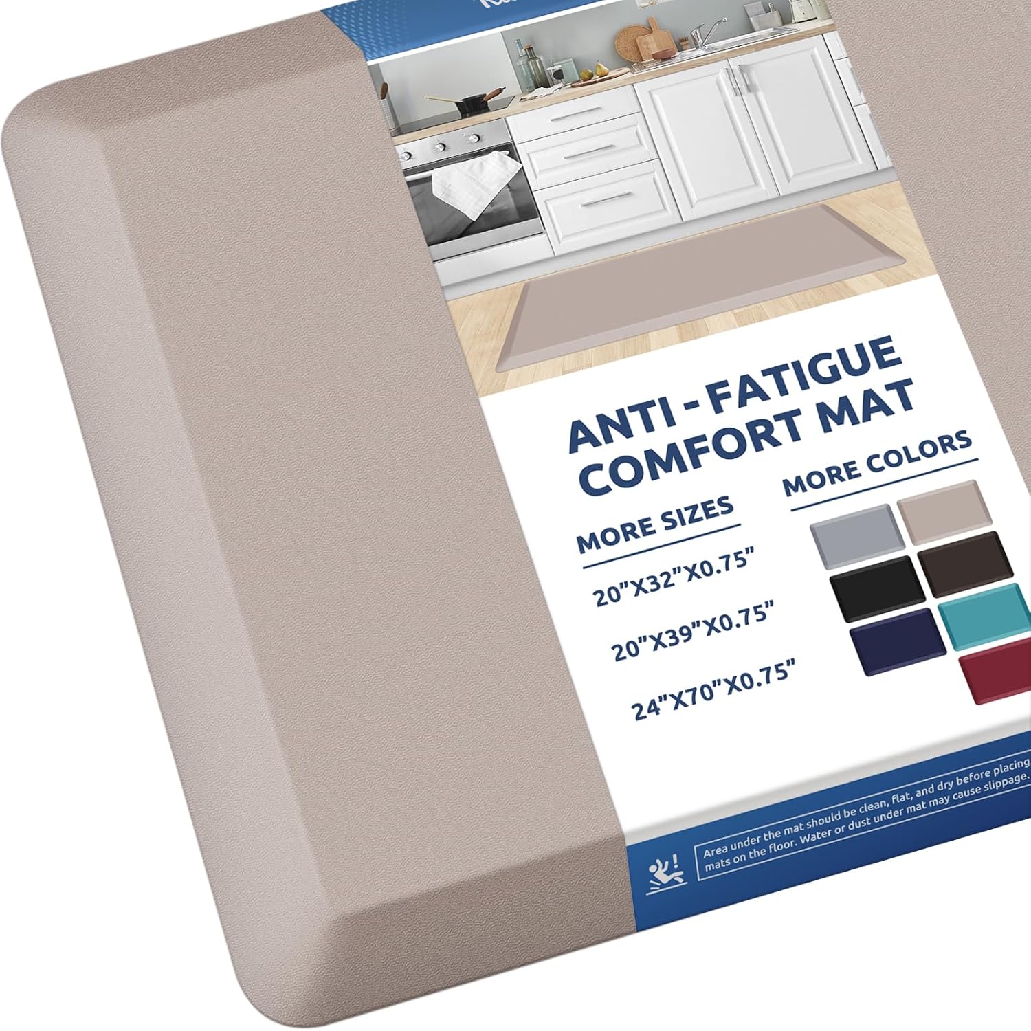 KitchenClouds Kitchen Mat Cushioned Anti Fatigue Rug 20"x39" Waterproof, Non Slip, Standing and Comfort Desk/Floor Mats for House Sink Office (Khaki)