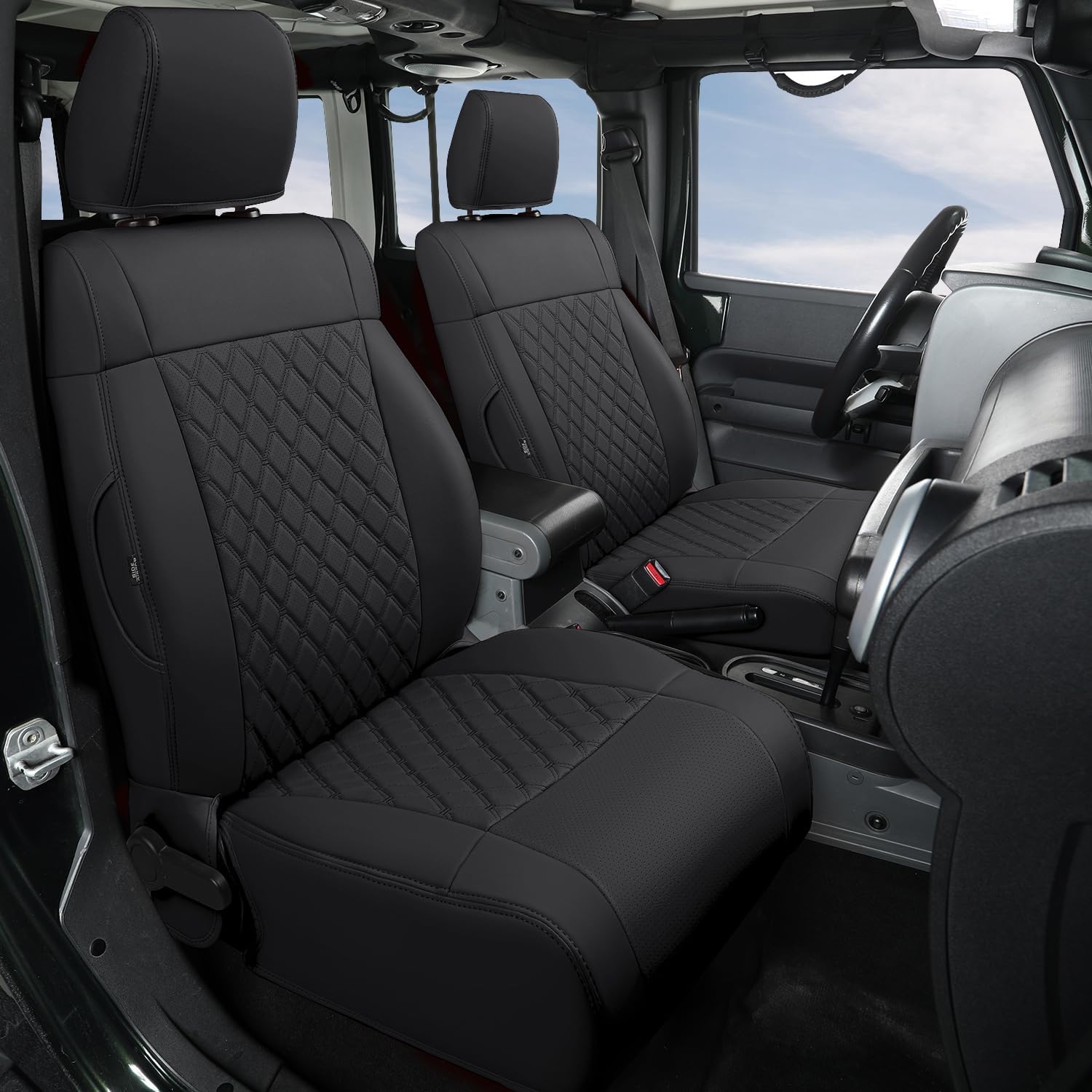 GIANT PANDA Customized Full Set Car Seat Covers for Jeep Wrangler 4 Door JK Unlimited Sahara Sport Rubicon X 2008 2009 2010, Faux Leather - (Black)