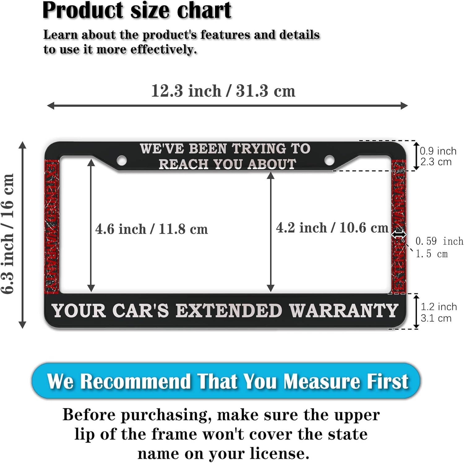 License Plate Frames Black and White License Plate Cover Car’s Extended Warranty Humorous Text Aluminum Metal Car Accessory 2 Pack with Screw Covers Set