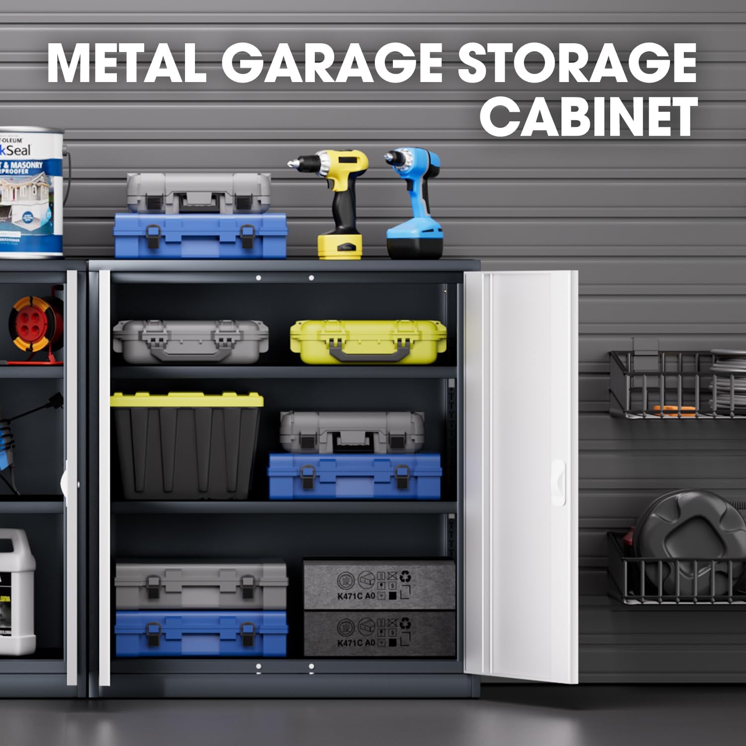 DNA MOTORING 36'' Metal Storage Cabinet, Locking Tool Cabinet with 2 Doors and 2 Adjustable Shelves, Heavy Duty Metal Locker for Garage,Office,Home,Gym, Gray White, TOOLS-00631-GY-WH-A