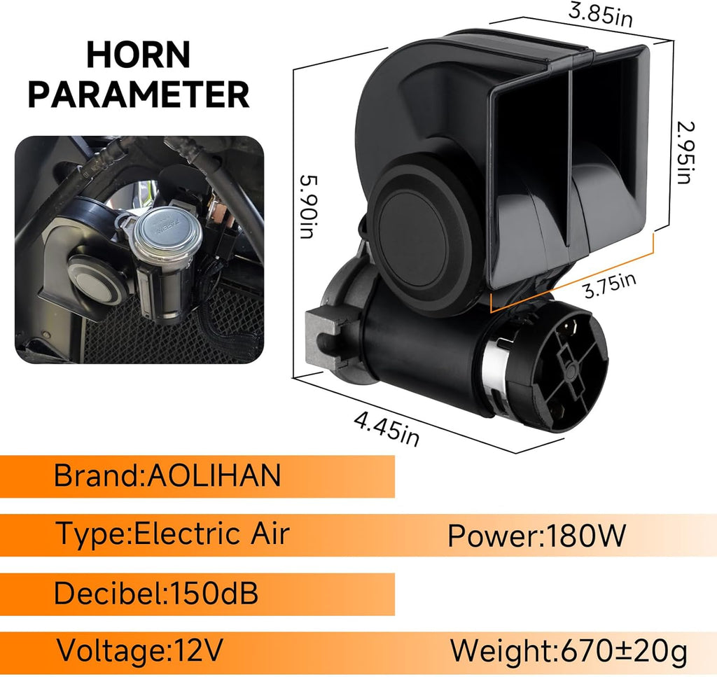 Air Horn for Truck,Super High Pitched Train Horn for Car, Waterproof Snail Horn for Motorcycles, Cars, trucks, trains and ships(black horn with wire and button, 12v)