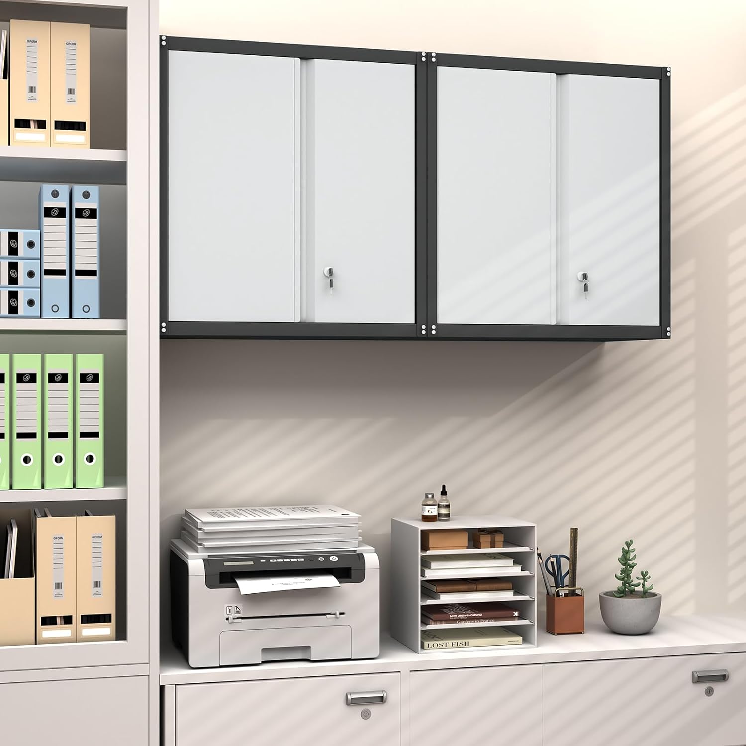 GREATMEET Metal Wall Cabinet, Wall Mounted Garage Cabinet, Locking Metal Storage Cabinet with Doors for Home Office, Garage, Utility Room