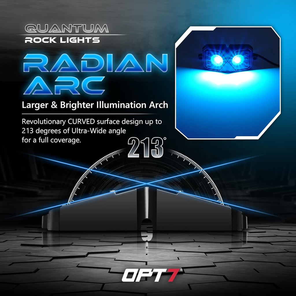 OPT7 Quantum RGBW LED Rock Lights with Remote Control, 4 Pods Wide Angle Multicolor Neon Underglow Lighting Kit with Extension Wire, IP68 Waterproof for Offroad Truck Jeep RZR ATV UTV SUV