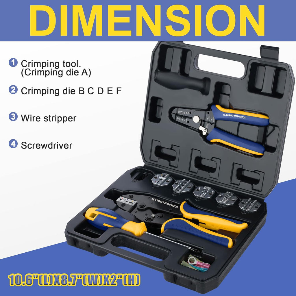 haisstronica 8PCS Crimping Tool Set - Ratchet Wire Crimping Tool for Heat Shrink,Insulated Nylon,Non-Insulated,Ferrule Wire End,Open Barrel Terminals,Solar Connectors