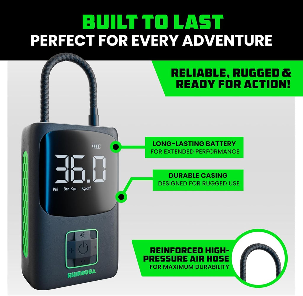 Rhino USA Tire Inflator Portable Air Compressor (150 PSI) Upgraded Air Pump for Car Tires with Digital Pressure Gauge - Best Mini Air Pump for Bike Tires with Dual LCD Screen (Black & Green)