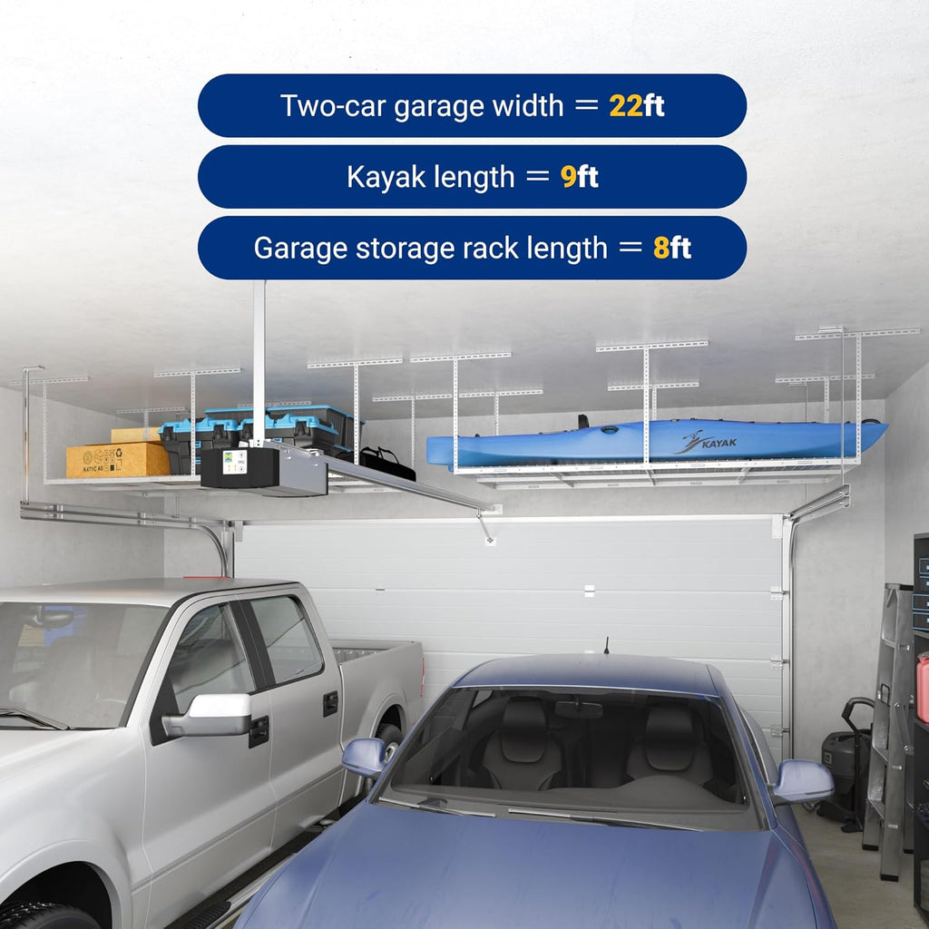 FLEXIMOUNTS 4x8 Overhead Garage Storage Rack, Adjustable Organization System, Heavy-Duty Metal Ceiling Racks, 600lbs Weight Capacity, White