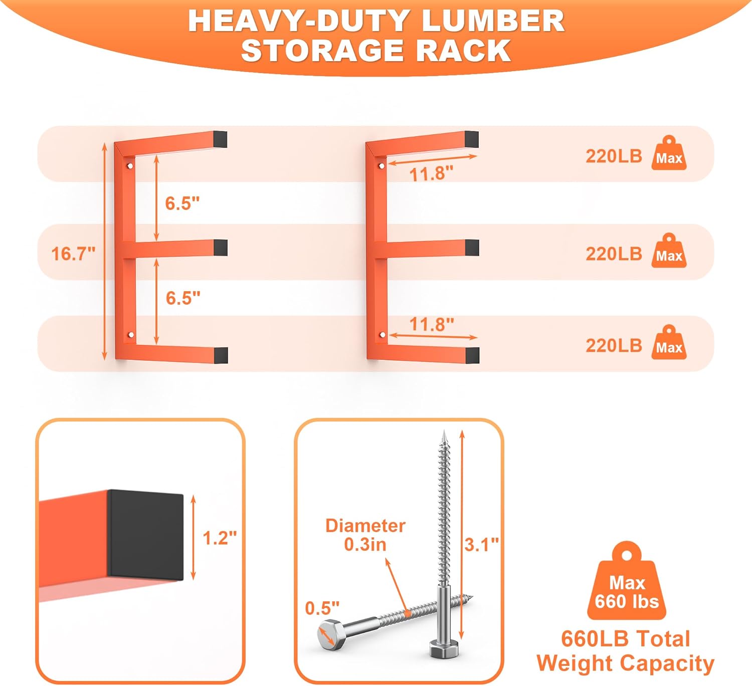 Ultrawall Lumber Storage Rack Wall Mount Wood Storage Racks, Metal Wood Organizer Racks for Shed, Workshop, Garage, Holds Up 220 LBS Per Level (Pack of 4, Orange)