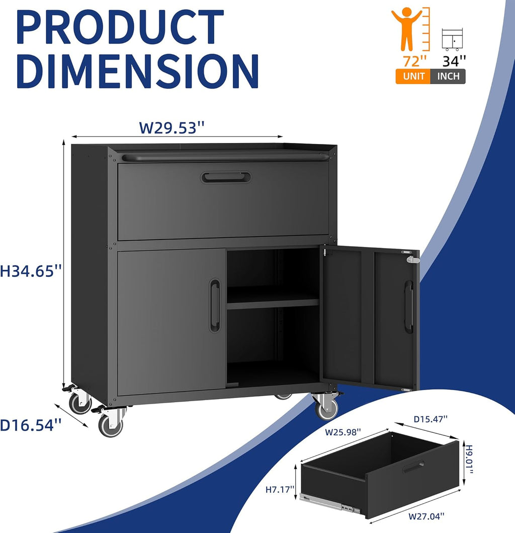 Metal Tool Cabinet,Garage Storage Cabinet System,Wall Cabinet & Locking Rolling Tool Cabinet with Doors and Adjustable Shelves,Steel Tool Cabinets for Home,Office (2 Pcs-StyleE, Black)