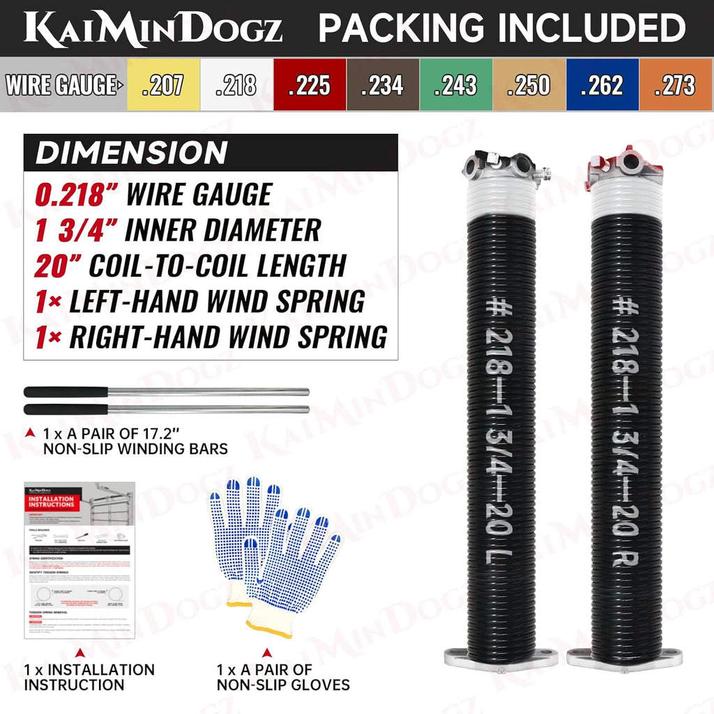 Pair of 1.75" Garage Door Torsion Springs Set with Non-Slip Winding Bars&Gloves, High Precision Electrophoresis Oil-Free Black Coated for Replacement, MIN 16,000 Cycles (0.218 x 1.75"x 20")