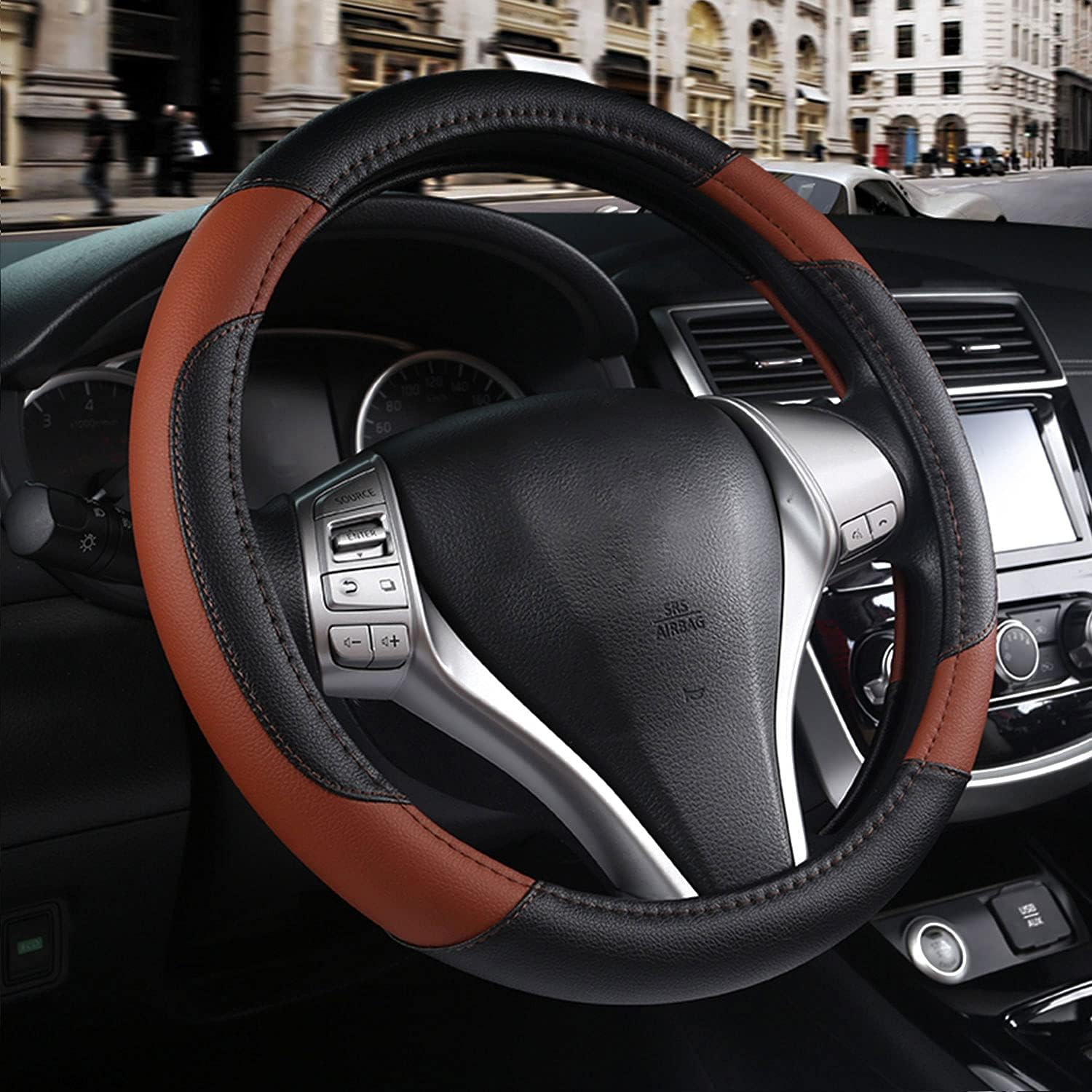 Leather Car Steering Wheel Cover, Non-Slip Car Wheel Cover Protector Breathable Microfiber Leather Universal Fit for Most Cars(Brown)