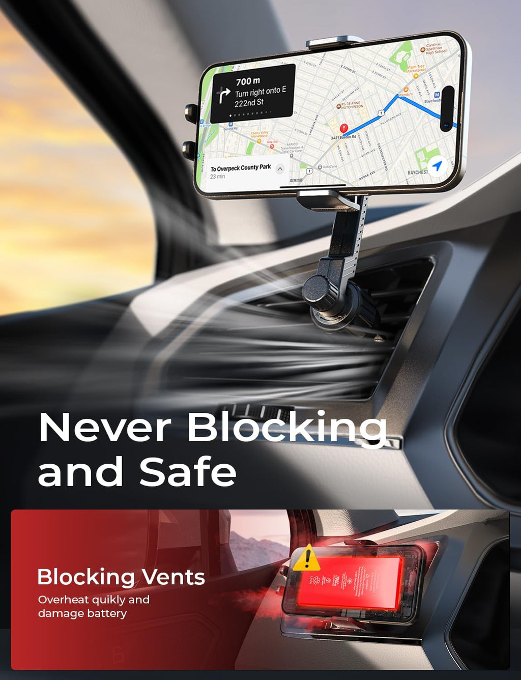 LISEN Back to School Phone Mount for Car Vent [Never Blocking] 360 Rotatable Car Phone Holder Air Vent Clip Hands Free Cellphone Car Mount for iPhone 16 Pro Max Plus 16e 15 14 Samsung Android, Black